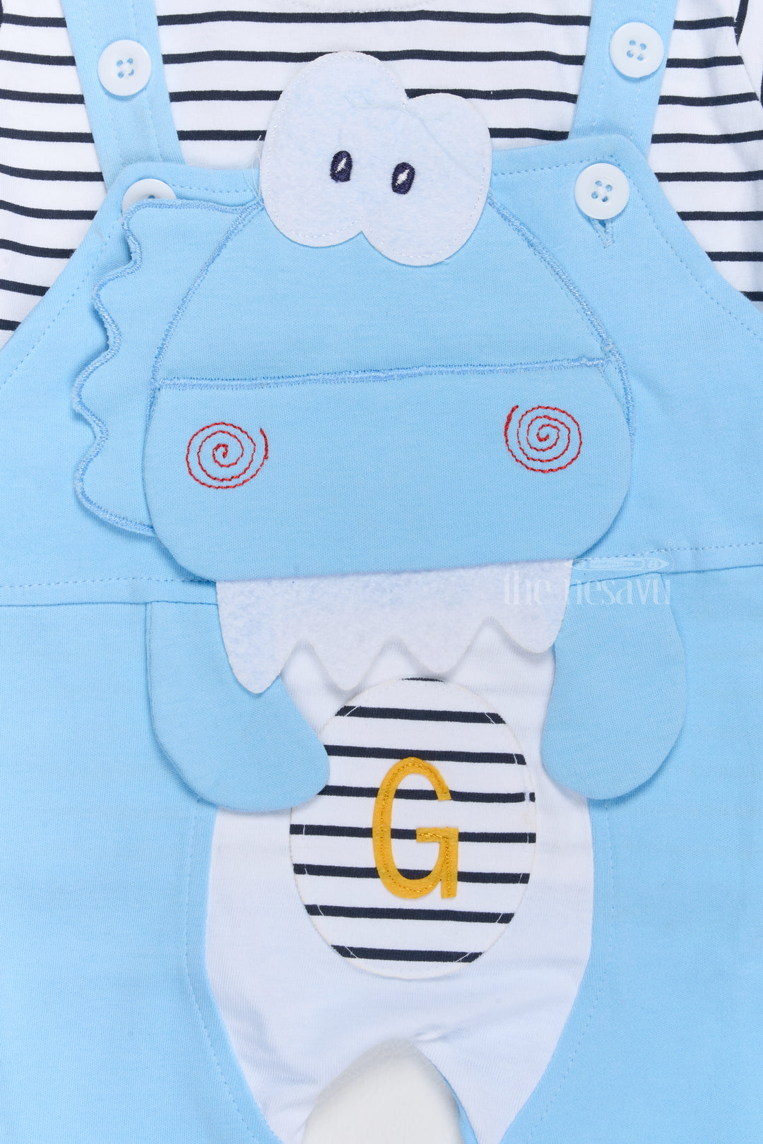 New Born Wear Online Blue Cotton Dungaree Set with Striped T-Shirt and Dinosaur Applique