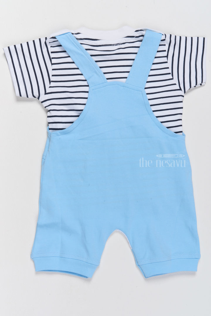 New Born Wear Online Blue Cotton Dungaree Set with Striped T-Shirt and Dinosaur Applique