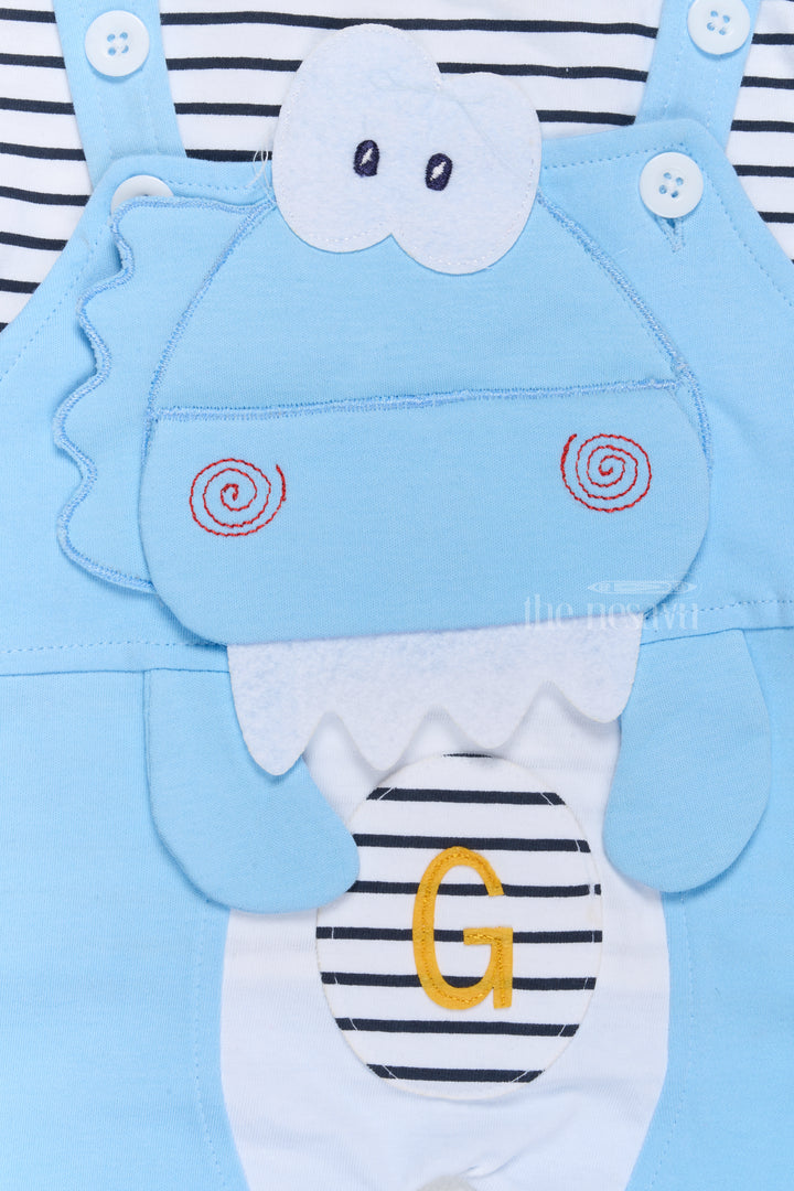 New Born Wear Online Blue Cotton Dungaree Set with Striped T-Shirt and Dinosaur Applique