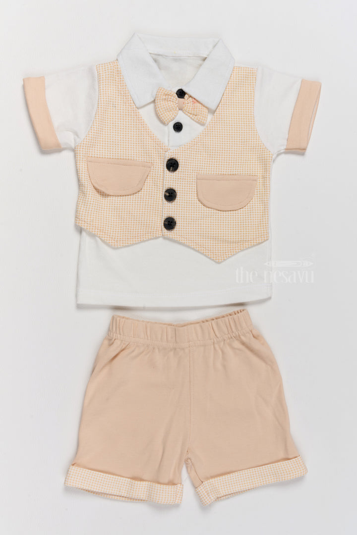 New Born Clothes on Sale Cotton Two-Piece Beige Outfit with Bowtie and Shorts