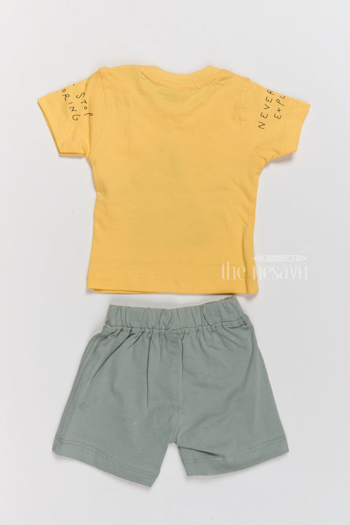 Winter Party Wear Yellow Cotton T-Shirt and Green Shorts Set with Fun Car Print