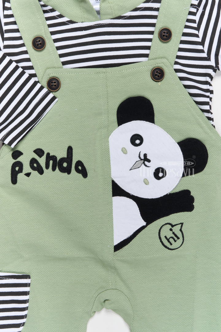 Korean Culture Dress Cotton Panda Green Romper with Striped Shirt and Hood