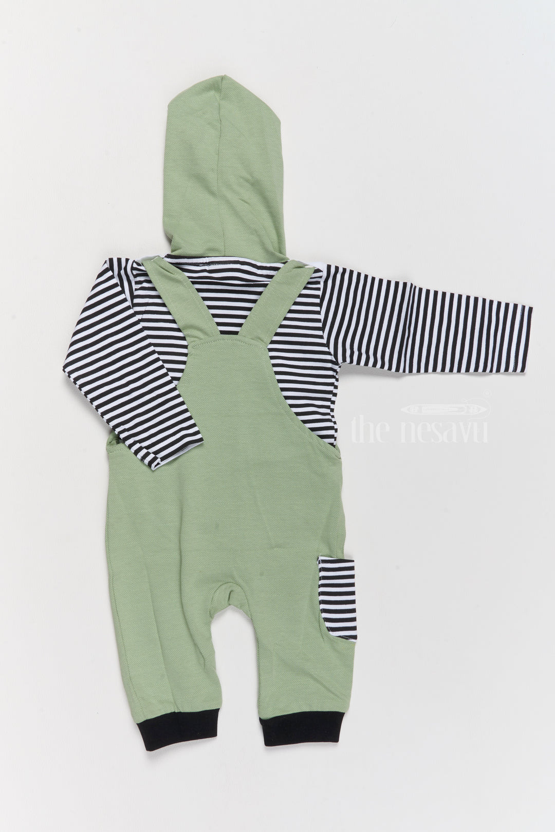 Korean Culture Dress Cotton Panda Green Romper with Striped Shirt and Hood