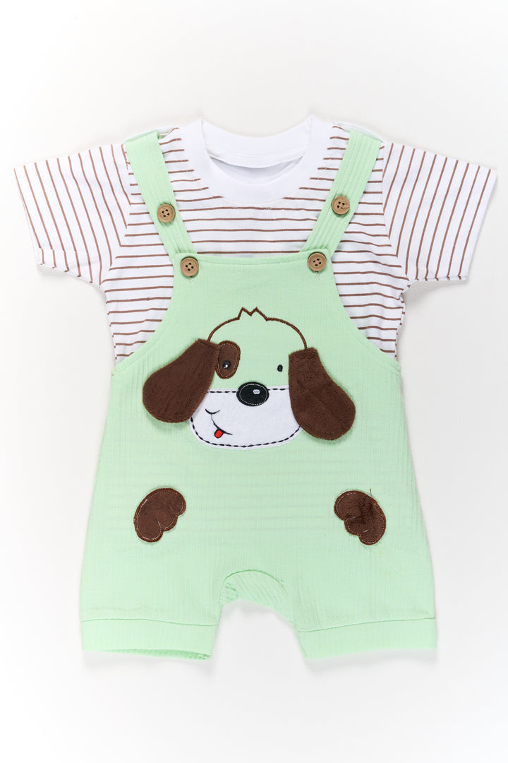 Infant Summer Outfits Cotton Green Dog Romper with Striped T-Shirt