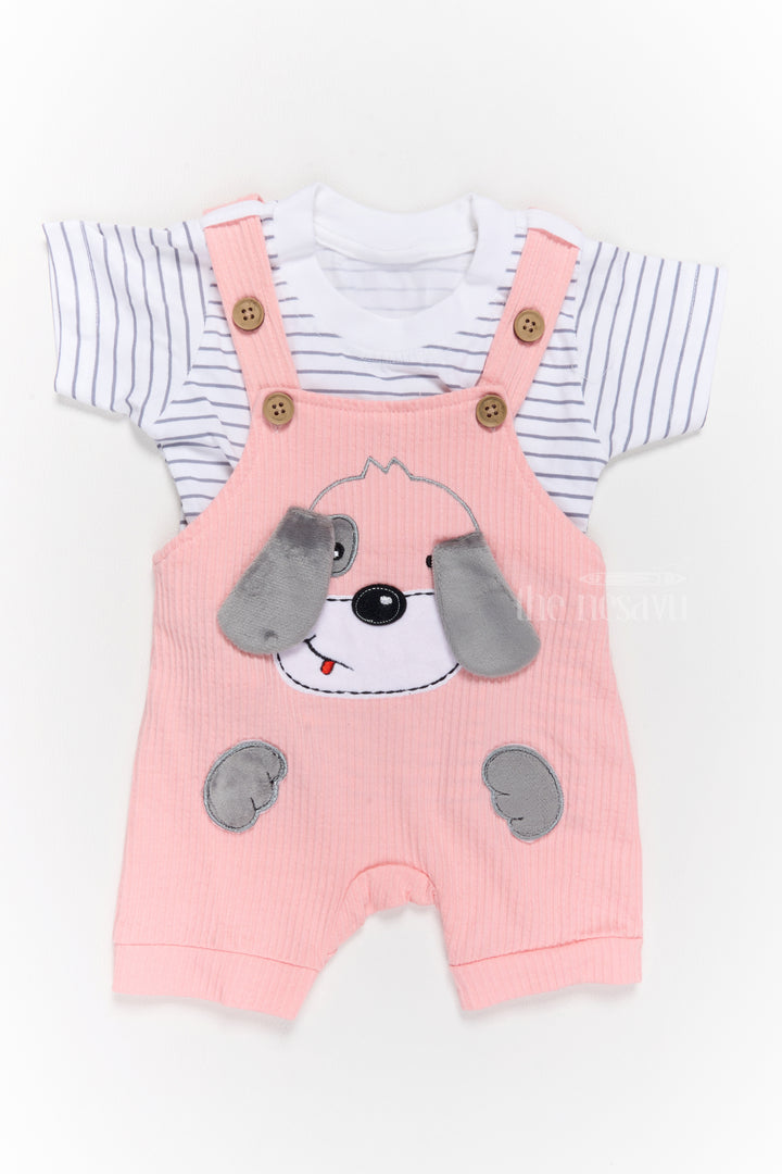 Thermal Wear for Infants Cotton Pink Dog Romper with Striped T-Shirt