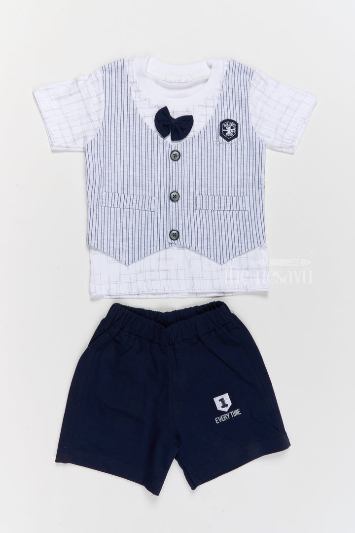 Newborn Cotton Clothes Navy Blue Shorts with Striped Vest and Bowtie