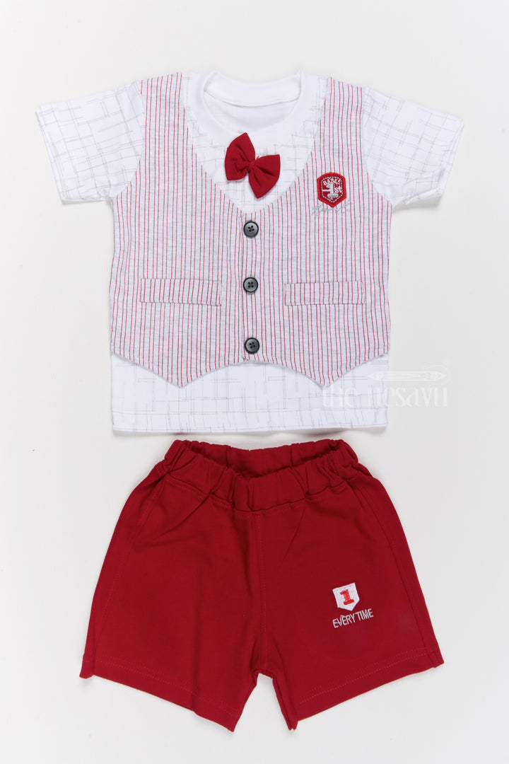 Infants Winter Wear Cotton Red Shorts with Striped Vest and Bowtie