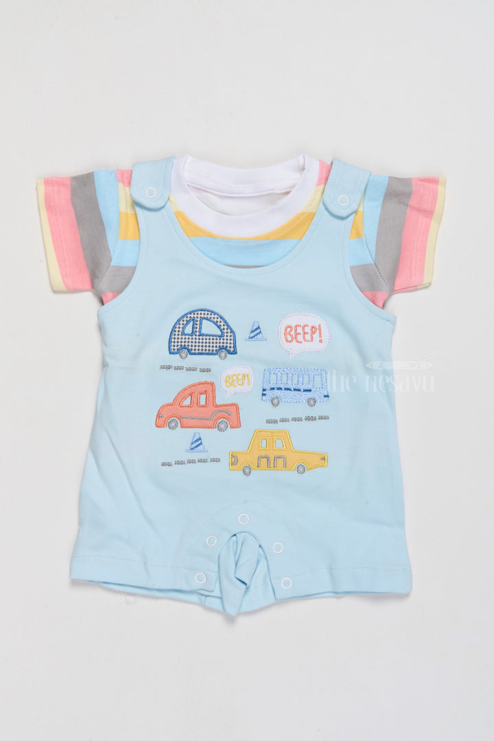 Infant Holiday Dresses Cotton Blue Car Print Romper with Striped T-Shirt