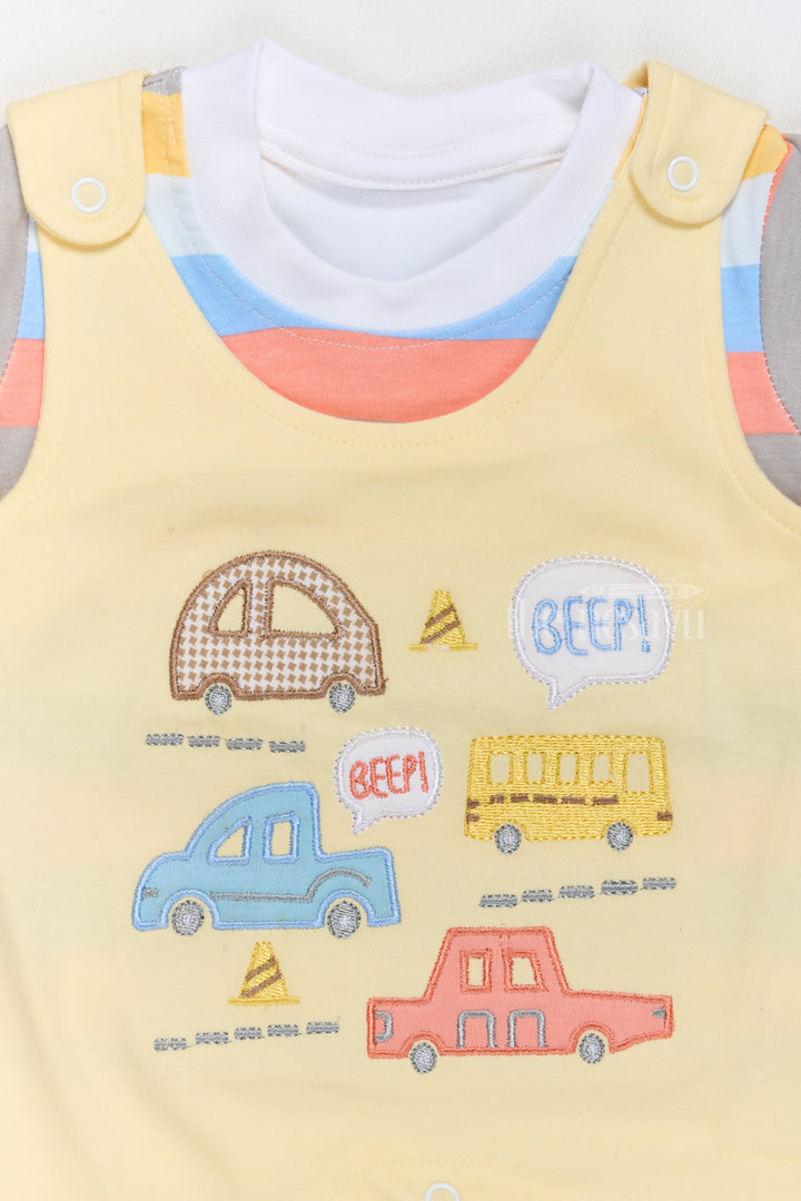 Floral Infant Dress Cotton Yellow Car Print Romper with Striped T-Shirt