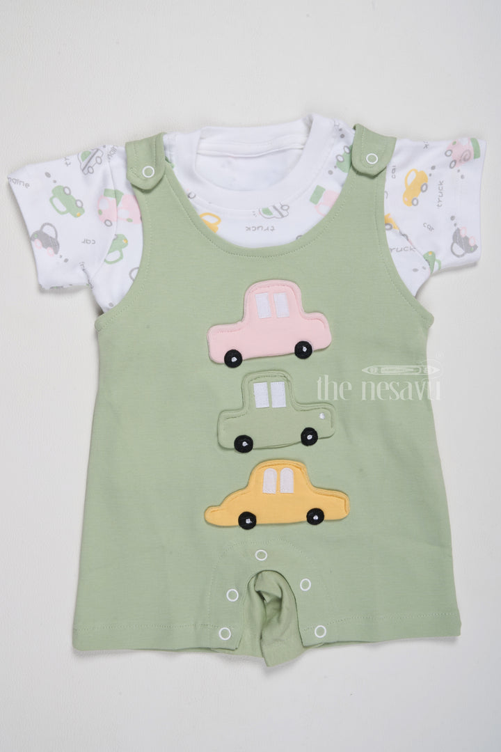 Newborn Clothes Sale Green Car Applique Romper with Printed T-Shirt