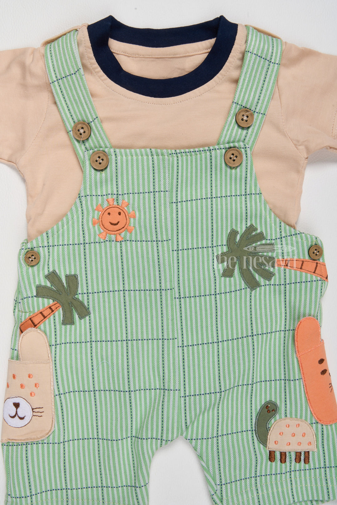 Newborn Warm Outfits Green Jungle Theme Dungaree with Beige T-Shirt