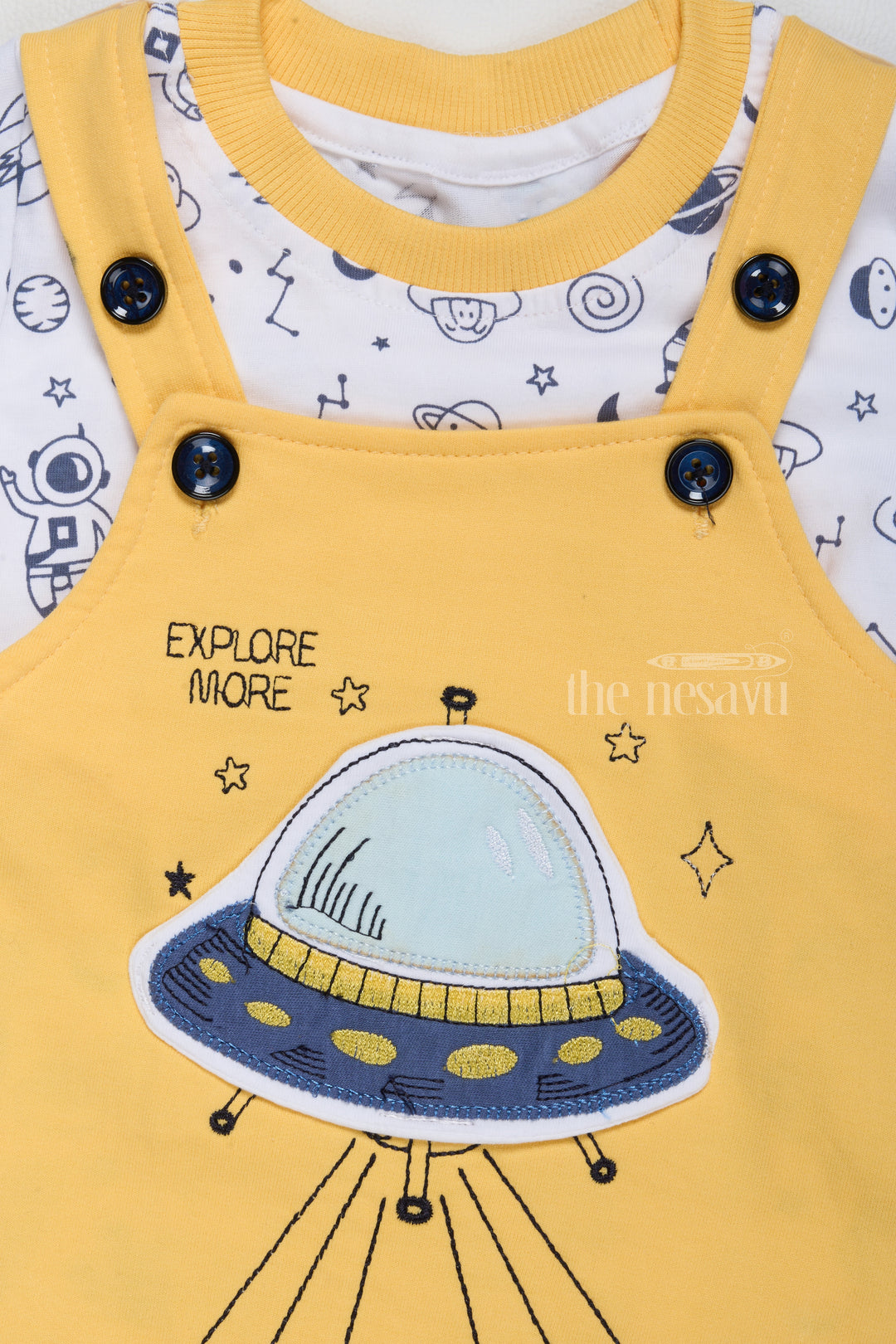 Holi Dress for Newborn Yellow Space Theme Dungaree with Printed T-Shirt