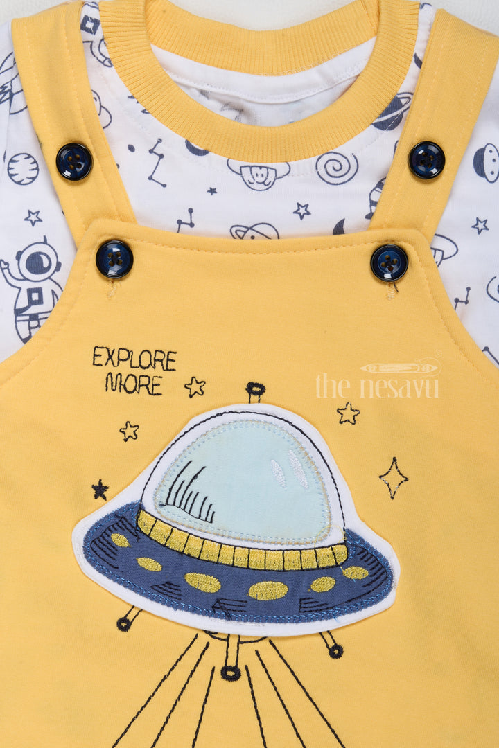 Holi Dress for Newborn Yellow Space Theme Dungaree with Printed T-Shirt