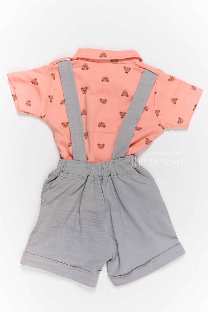 Trendy Newborn Clothes Peach Bow Tie Shirt with Grey Suspender Shorts Set