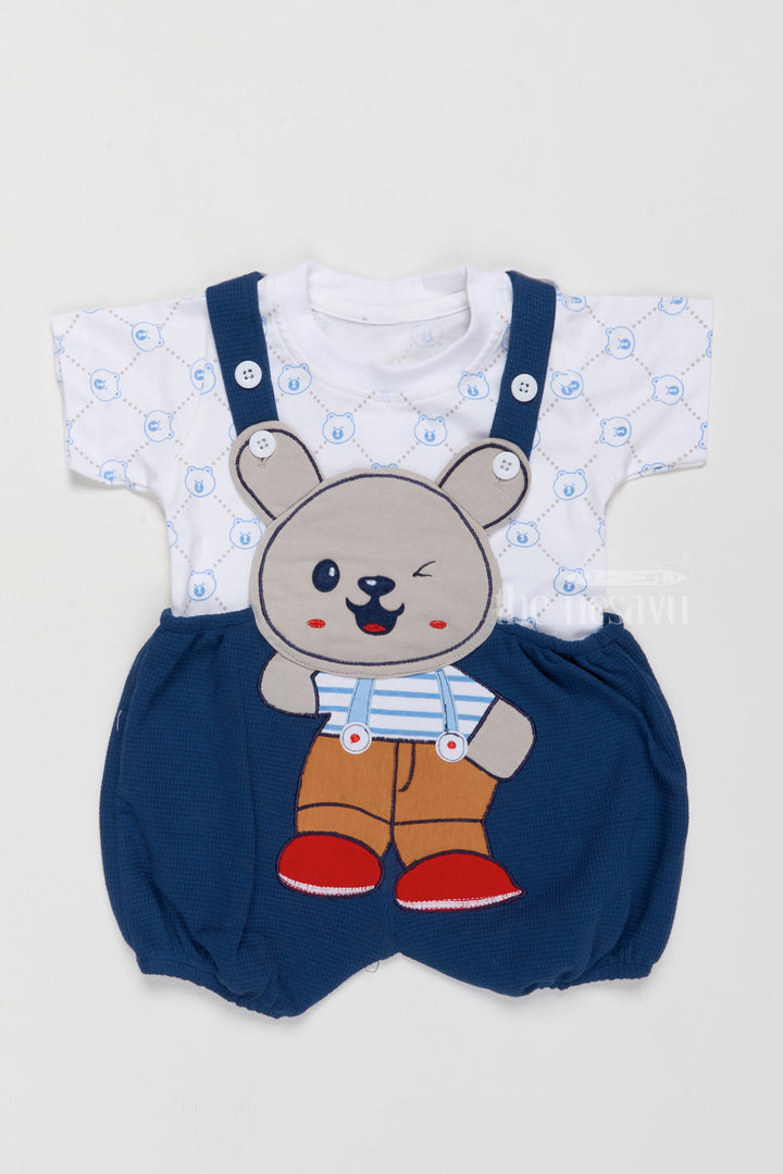 Infant Beach Clothes with Bunny Applique and Playful Blue Suspender Shorts