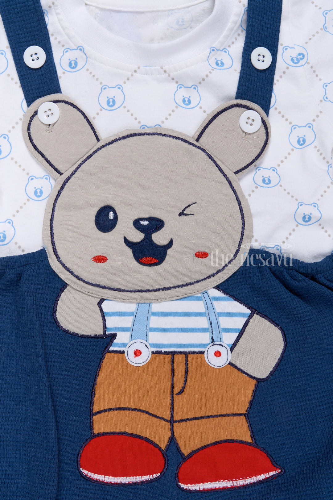 Infant Beach Clothes with Bunny Applique and Playful Blue Suspender Shorts