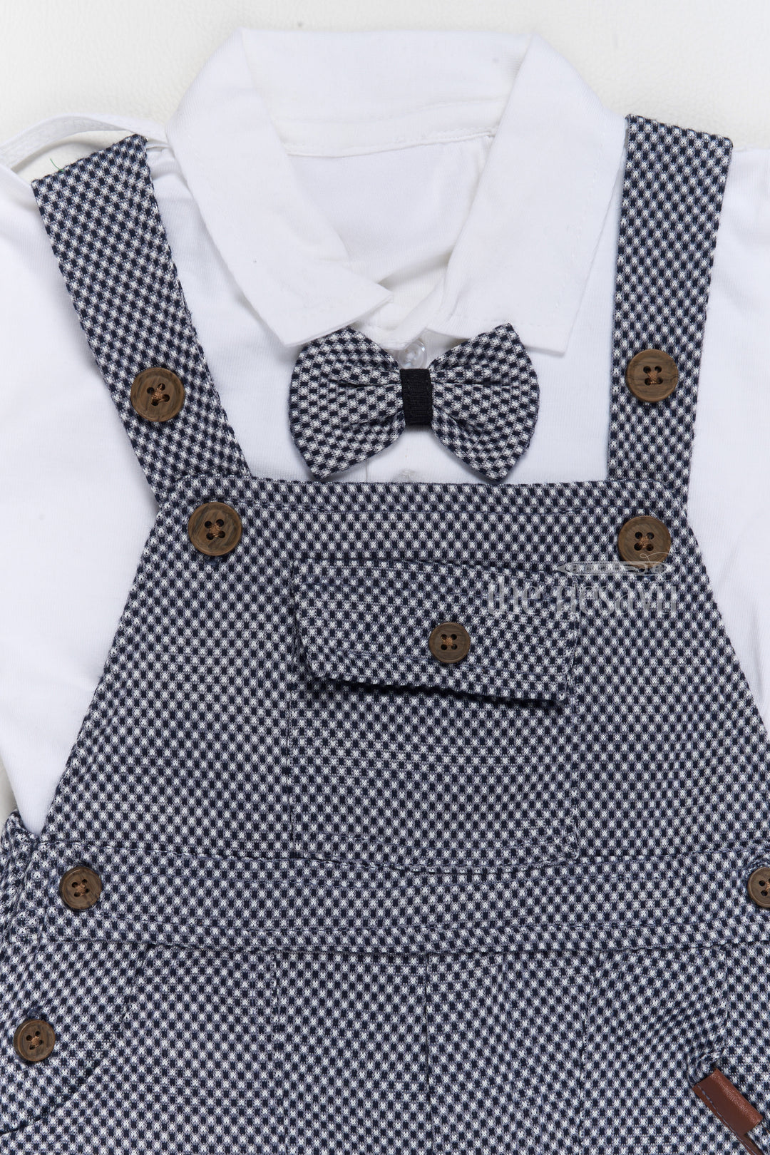 Formal Wear for Infants with Checkered Overalls and Bowtie in Navy Blue