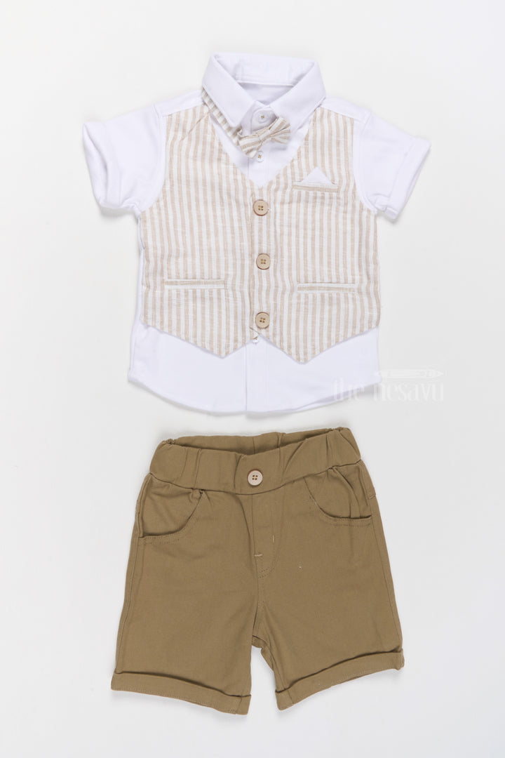 Boys Dress Shirt and Shorts Set with Striped Waistcoat and Bow Tie