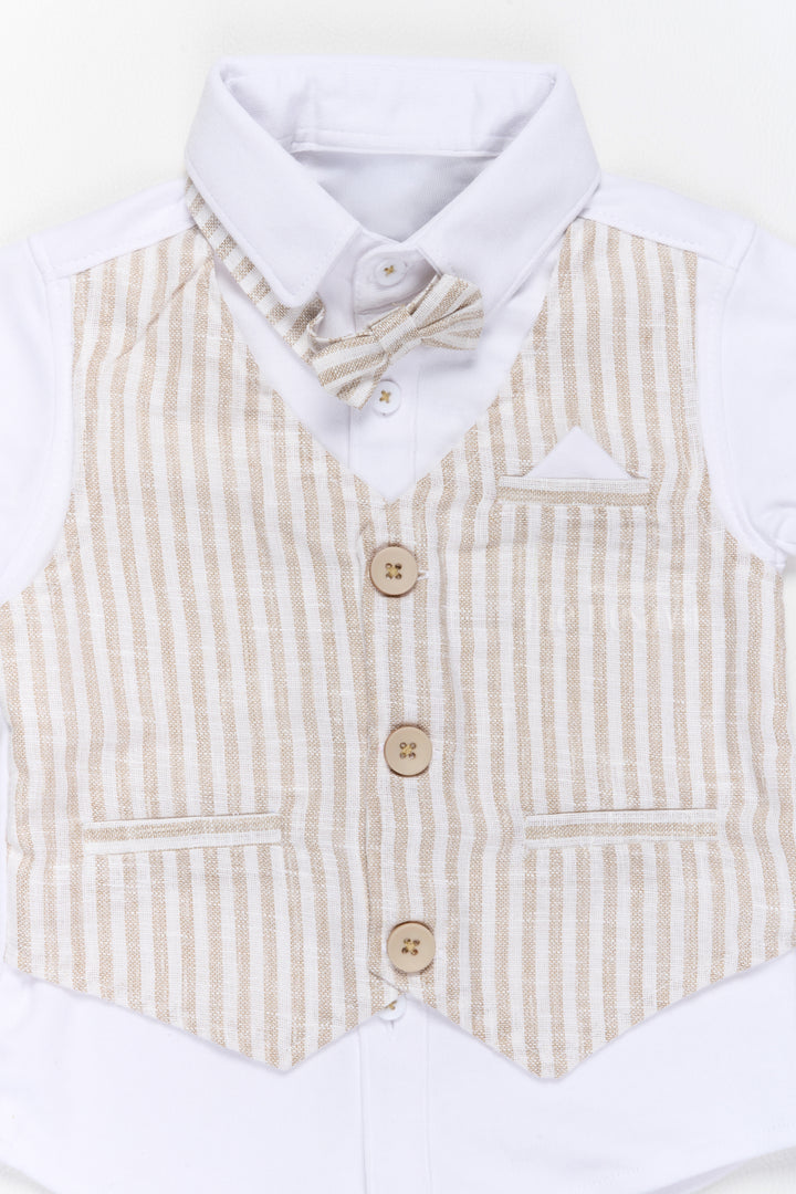 Boys Dress Shirt and Shorts Set with Striped Waistcoat and Bow Tie