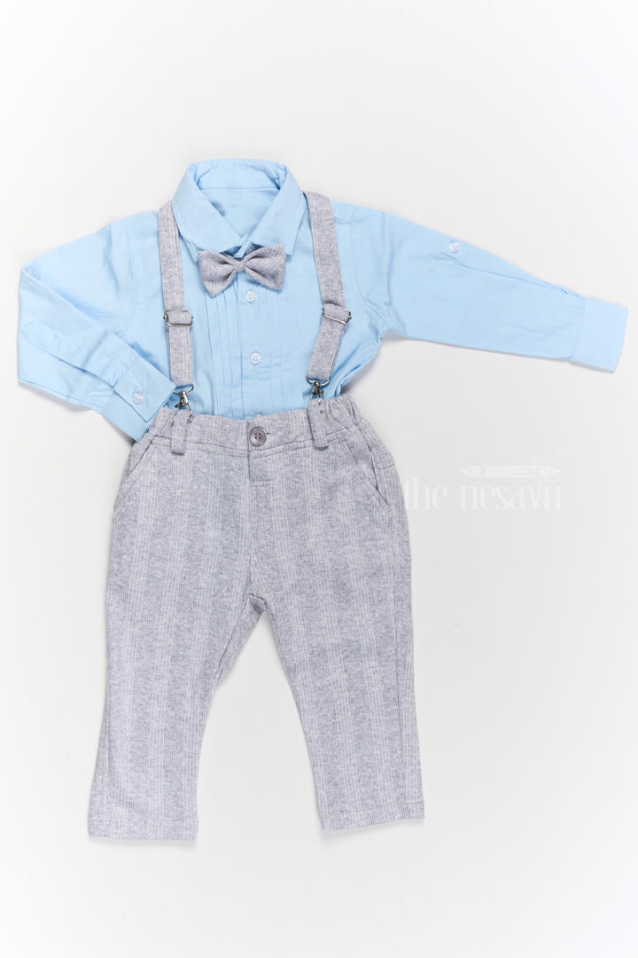 Boys Trendy Cotton Dungaree Set with Blue Shirt and Bow Tie for Stylish Casual Wear