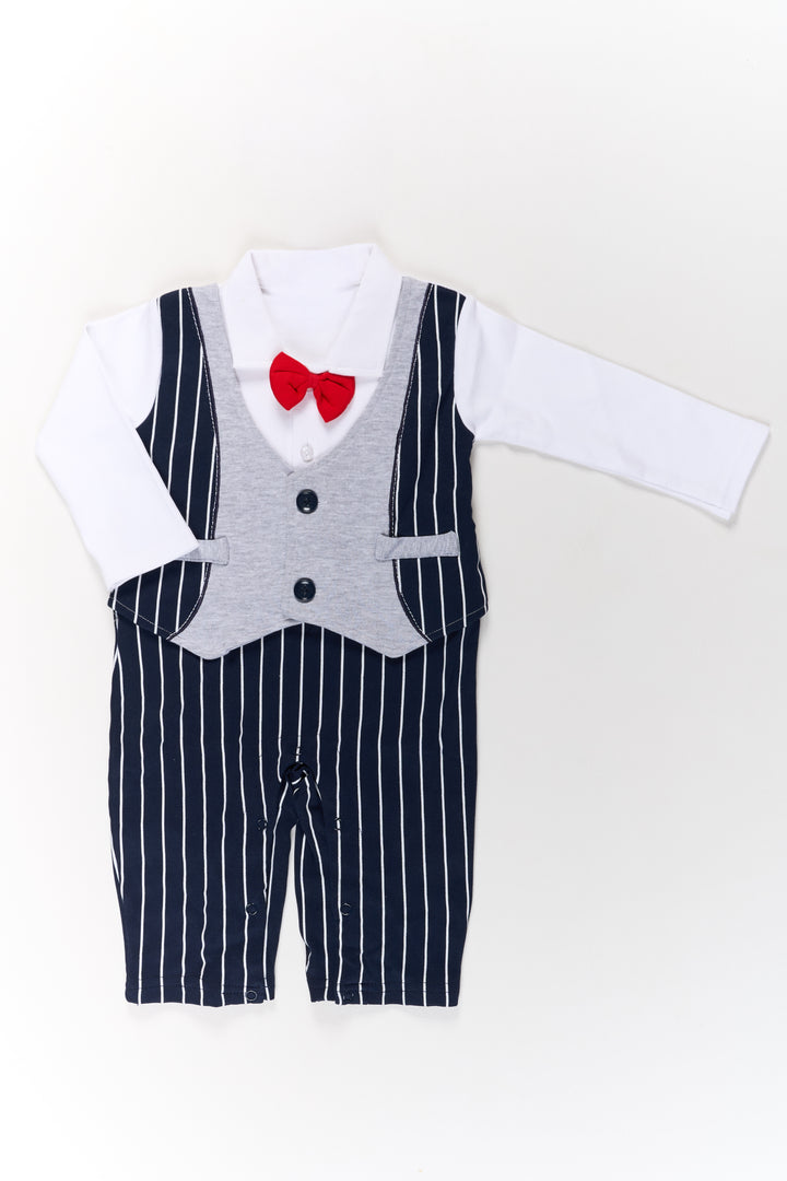 Boys Cotton Dungaree Set with White Shirt and Striped Black Overalls for Casual Wear