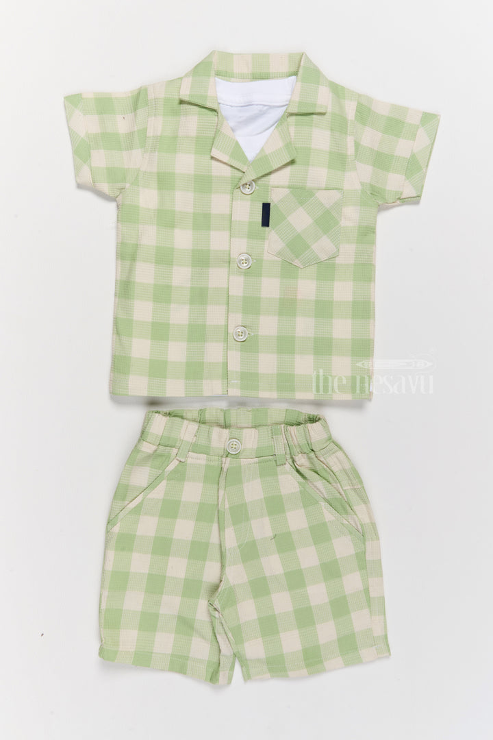 Boys Party Wear Dress with Green Checked Shirt, Matching Shorts, and Printed T-Shirt