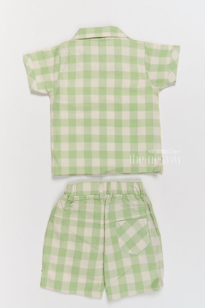 Boys Party Wear Dress with Green Checked Shirt, Matching Shorts, and Printed T-Shirt