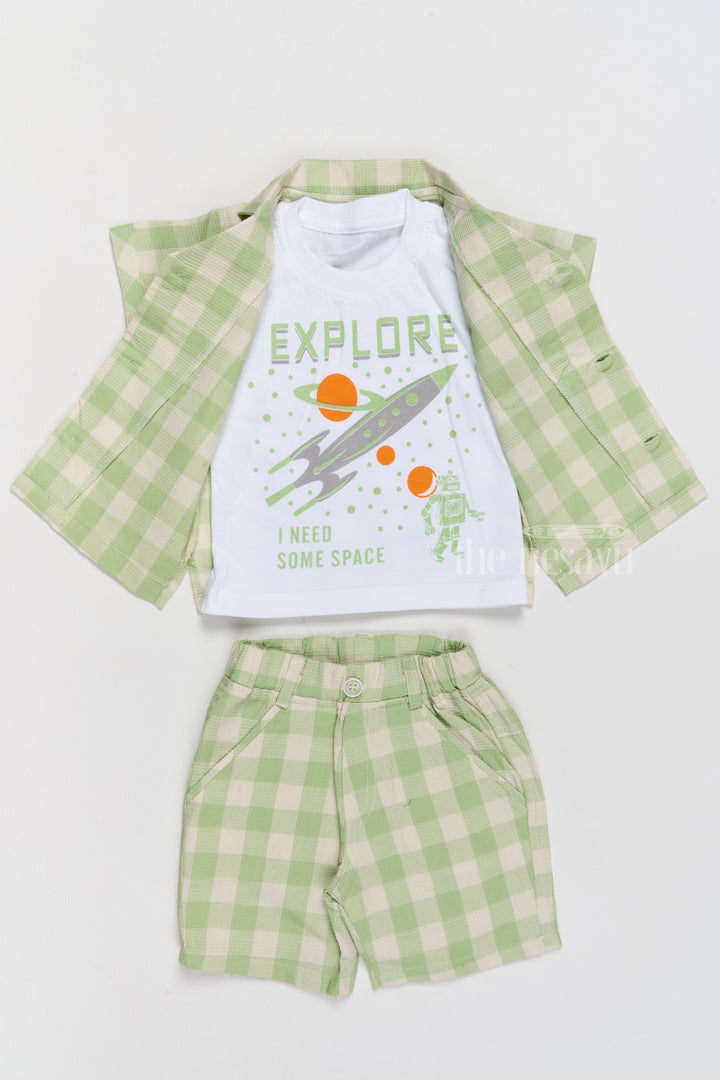 Boys Party Wear Dress with Green Checked Shirt, Matching Shorts, and Printed T-Shirt