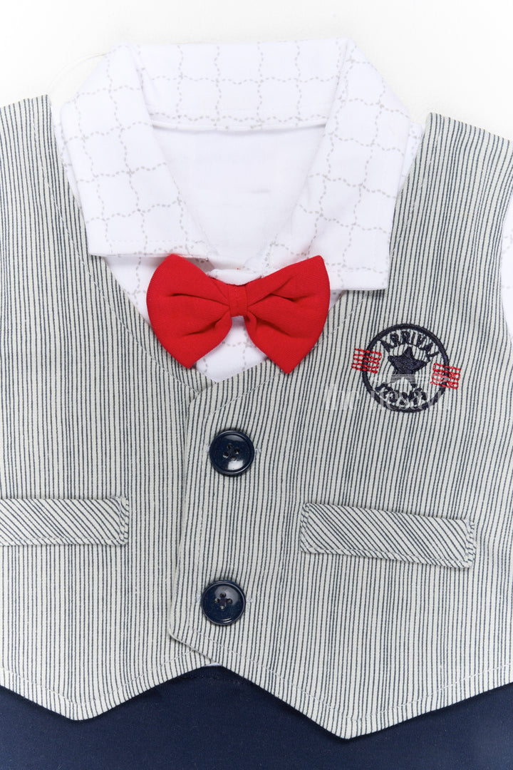 Baby Boys Casual Party Outfit with White Shirt, Grey Vest, and Red Bow Tie