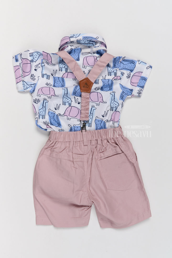 Baby Boys Cotton Short Dungarees Set with Printed Shirt and Bow Tie for Casual Wear