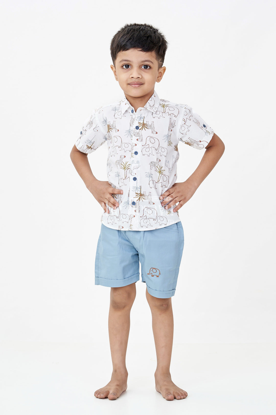 Boys Cotton Designer Casual Wear Set with Animal Digital Print Shirt and Blue Shorts