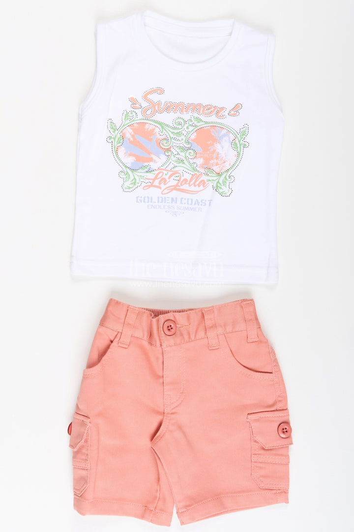 Boys Cotton Best Casual Dress Shirts Set with Floral Printed Shirt, Tank Tee, and Cargo Shorts