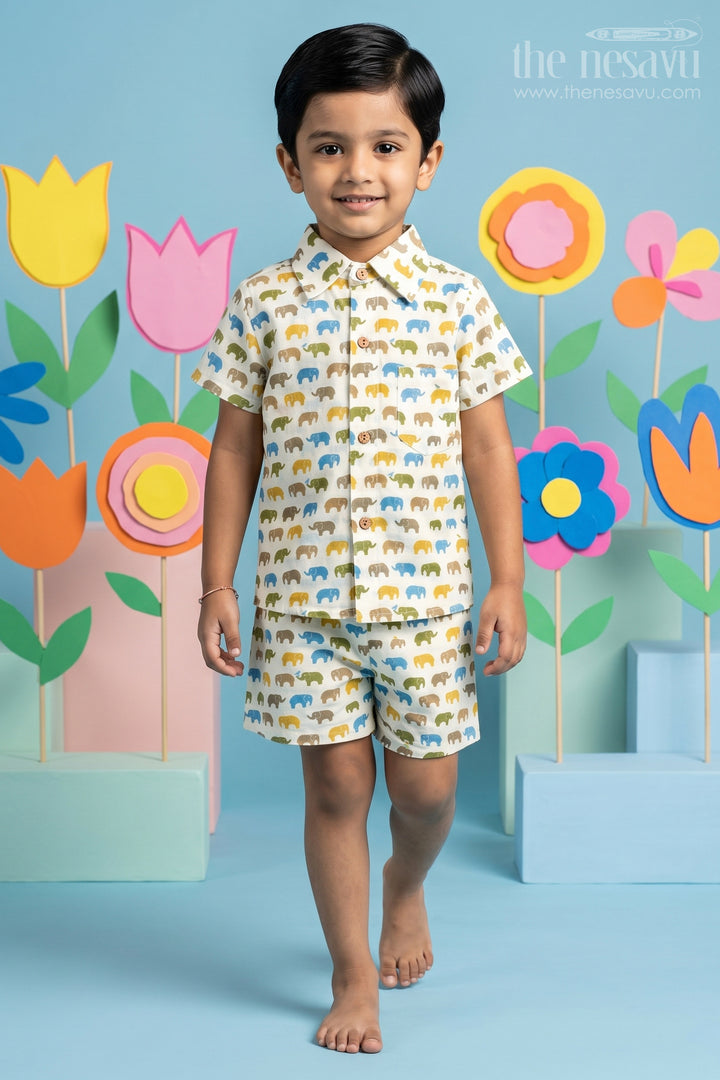 Boys Cotton Casual Wear Shirts Set with Elephant Digital Print and Matching Summer Shorts