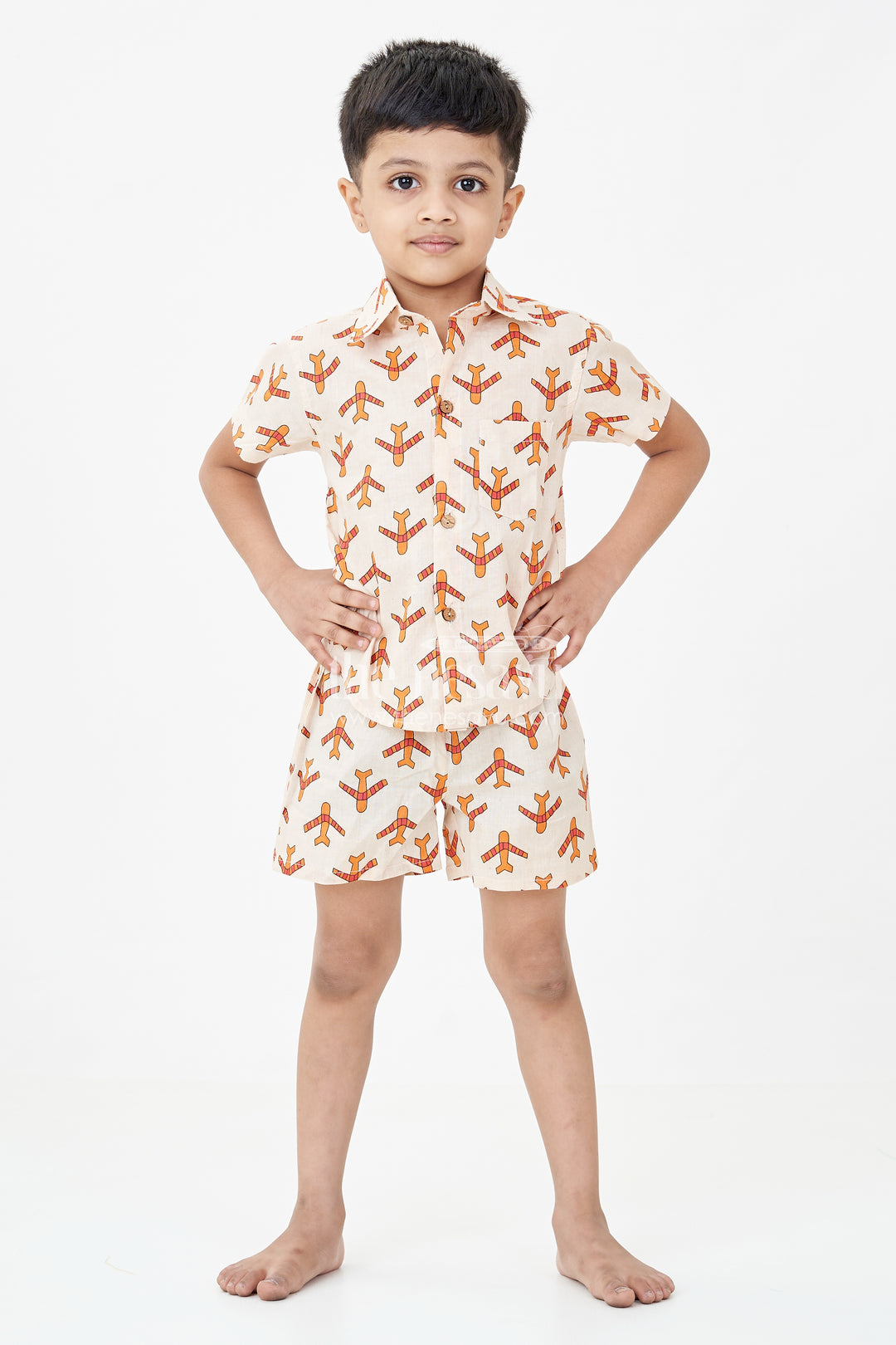 Boys Cotton Casual Dresses Set with Digital Print in Beige and Rust Tones for Everyday Style