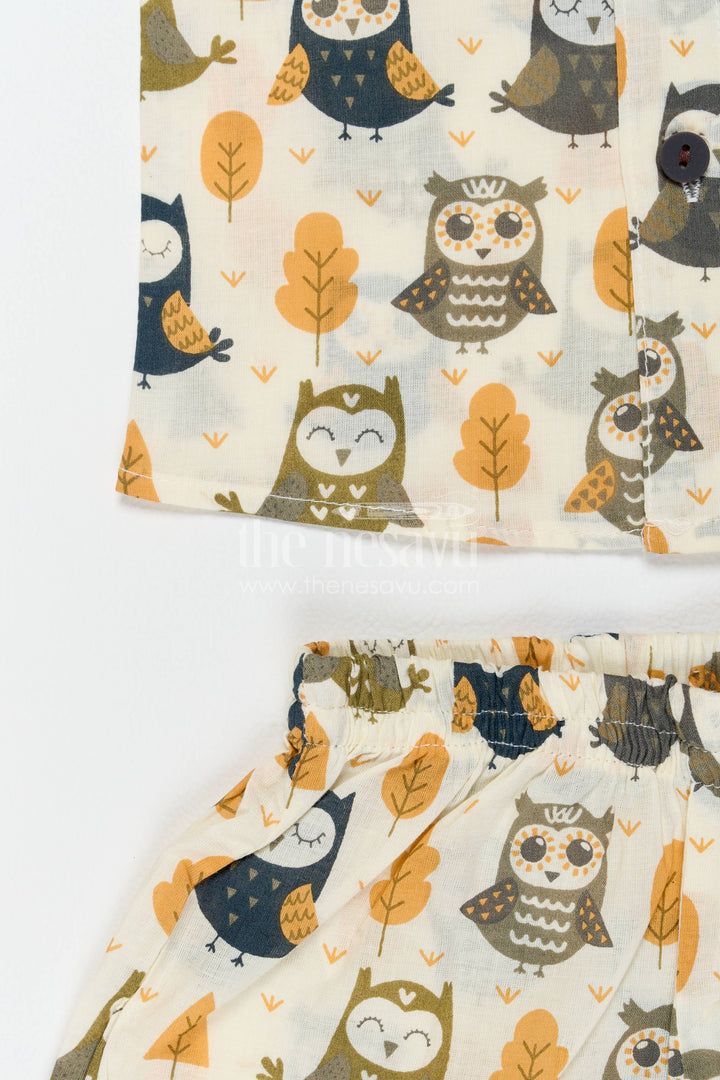 Boys Cotton Shirt and Shorts Set with Earthy Owl Print
