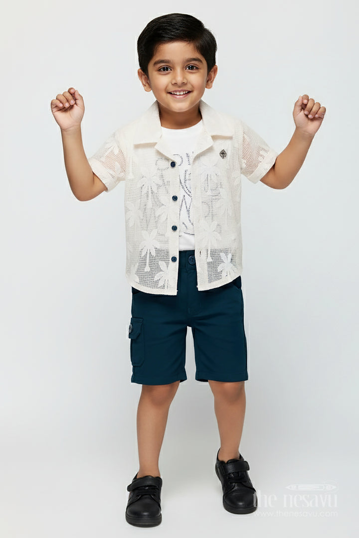Boys Cotton Embroidery Set Short and Shirt in Classic Ivory and Teal for Comfortable Everyday Style