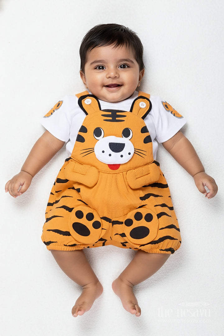 Boys Cotton Orange Shirt and Short Sets with Animal Face Dungaree and Printed T Shirt for Toddler Style