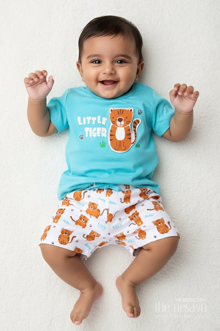 Boys Cotton Cat Print T Shirt and Set in Teal Blue with Printed White Shorts for Everyday Summer Style