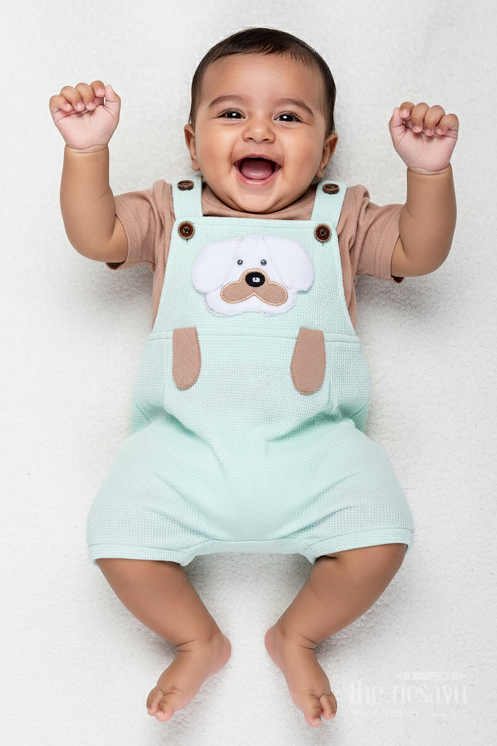 Boys Cotton Waffle Knit Batch Design Set with Dog Embellishment and Mint Green Overalls for Daily Wear