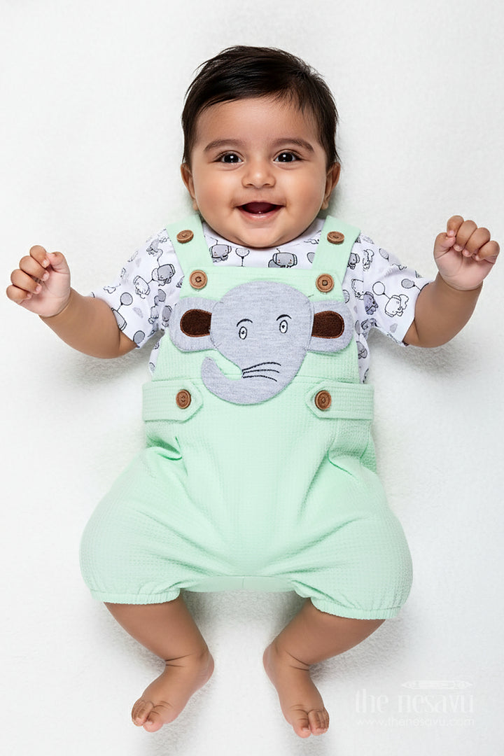 Boys Elephant Newborn Outfit in Cotton Waffle Knit with Mint Green Overalls and Printed Tee for Soft Comfort