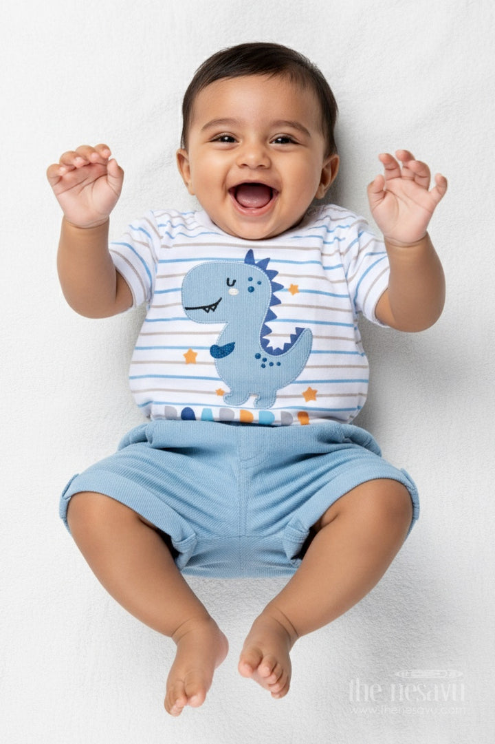 Boys Blue Casual Matching Sets with Striped Dinosaur Tee and Coordinated Soft Shorts for Everyday Comfort