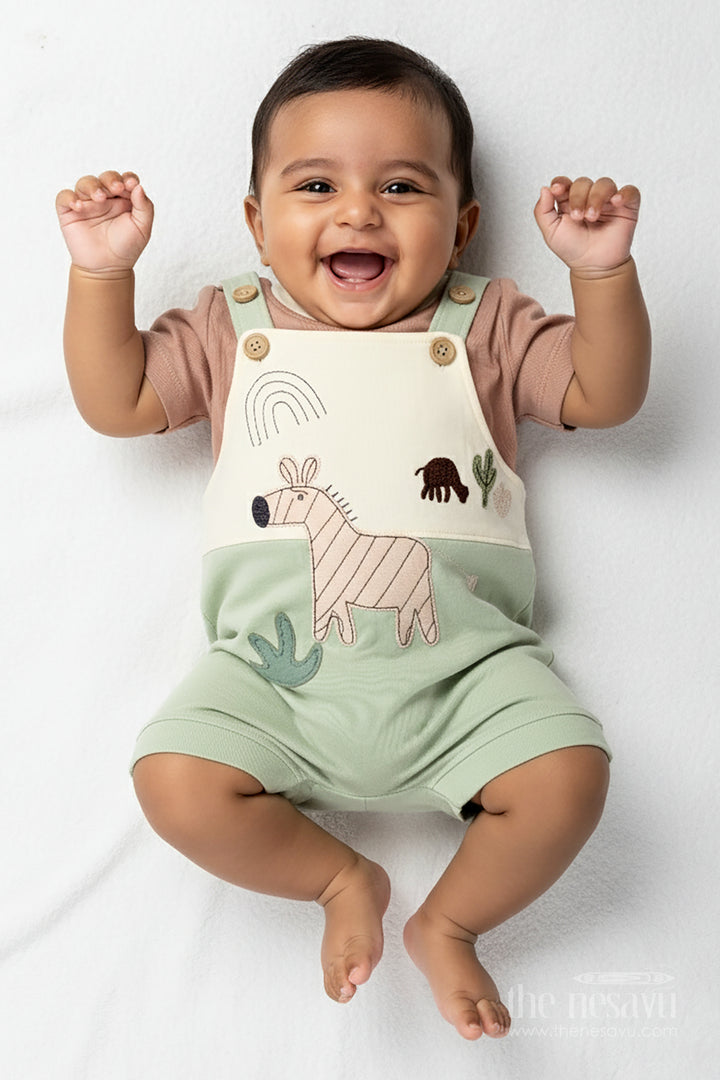 Boys Romper New Born Cotton Outfit with Safari Animal Embellishment and Green Shorts for Cozy Daily Style