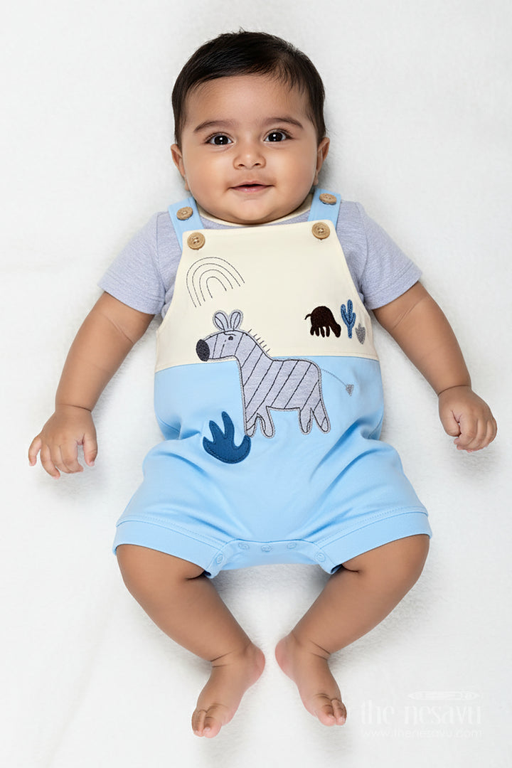 Boys Newborn in Romper Set with Blue Animal Embellished Overalls and Grey Tee for Soft Daily Comfort