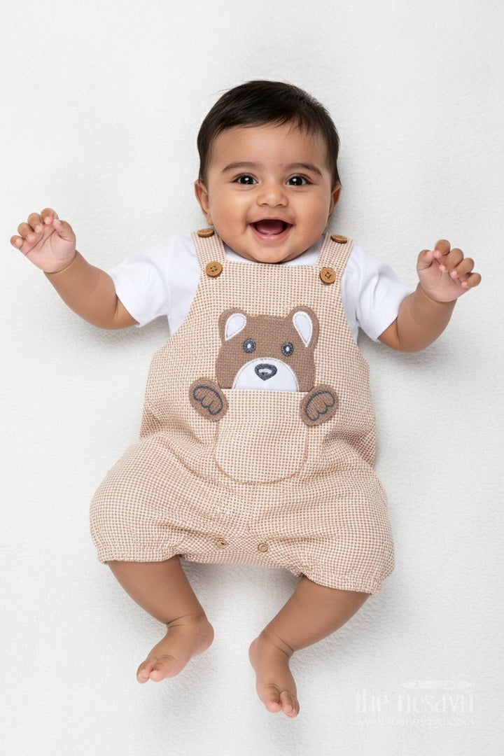 Boys Newborn Small Sleeve Romper Set with Bear Patch and Beige Striped Overalls in Soft Cotton Comfort
