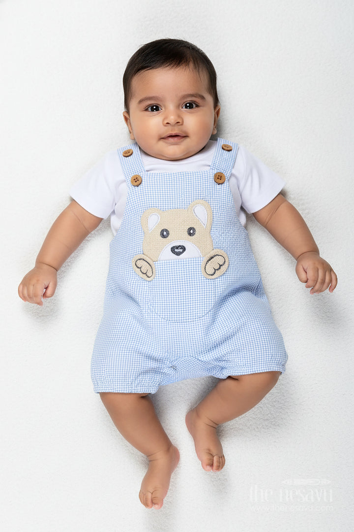 Boys Cotton Blue Dress Set with Bear Patch and Striped Overalls for a Cozy and Playful Everyday Look