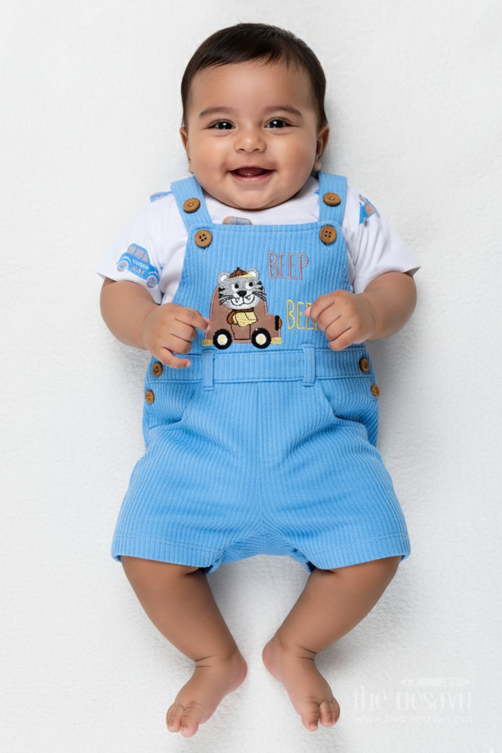 Boys Race Car Design Romper Set in Corduroy with Blue Overalls and Embellished Car Patch for Little Racers