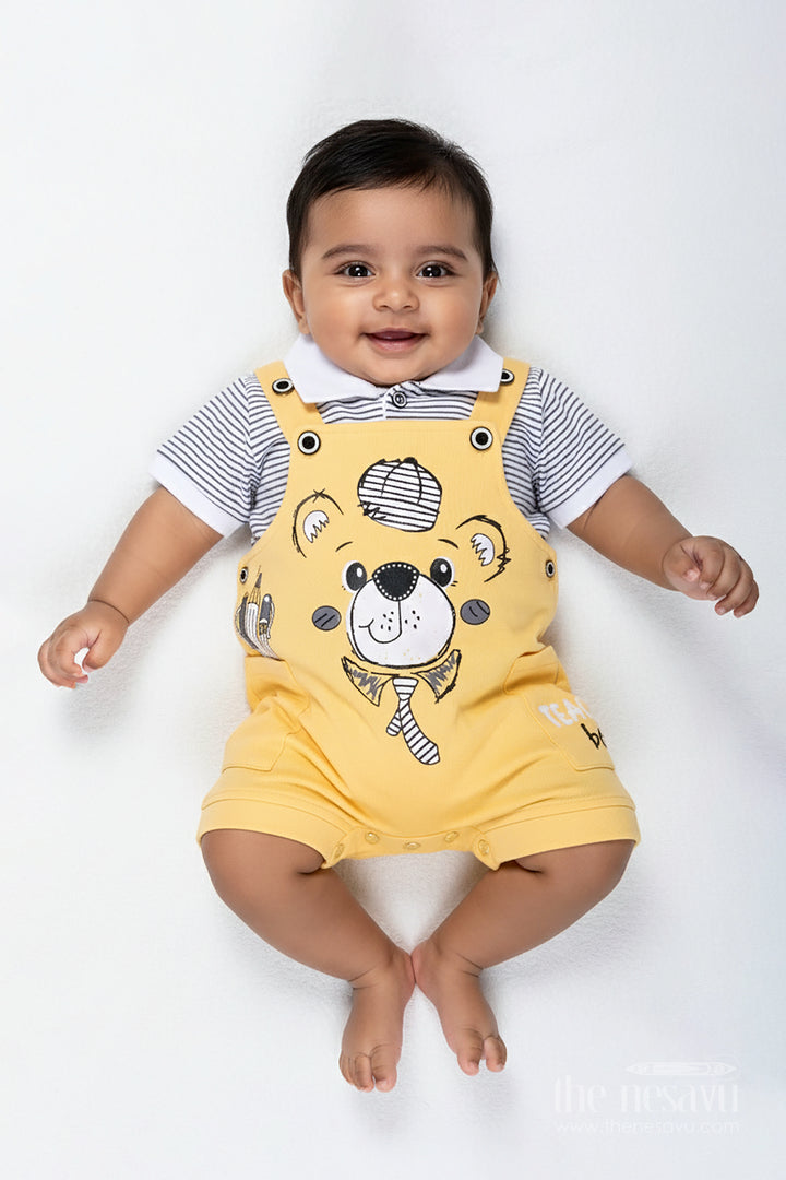 Yellow Casual Dress Outfit for Boys with Cotton Animal Digital Print and Playful Dungaree Style