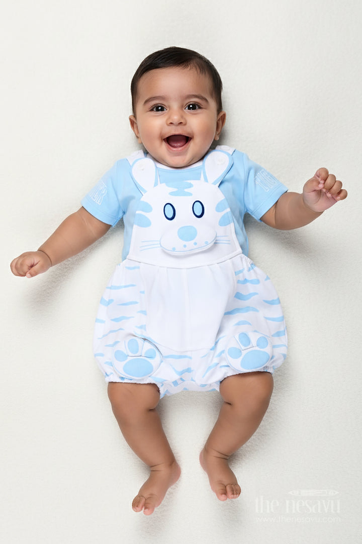 New Born Bunny Outfit for Boys in Cotton with Animal Digital Print and Light Blue Dungaree Set