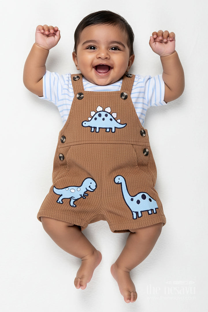 Brown Casual Outfit for Boys in Corduroy Cotton with Embellished Dinosaur Patches and Tee Set