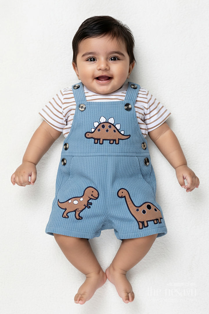 Newborn Dinosaur Set Outfit for Boys in Blue Corduroy Cotton with Dino Embellished Dungaree